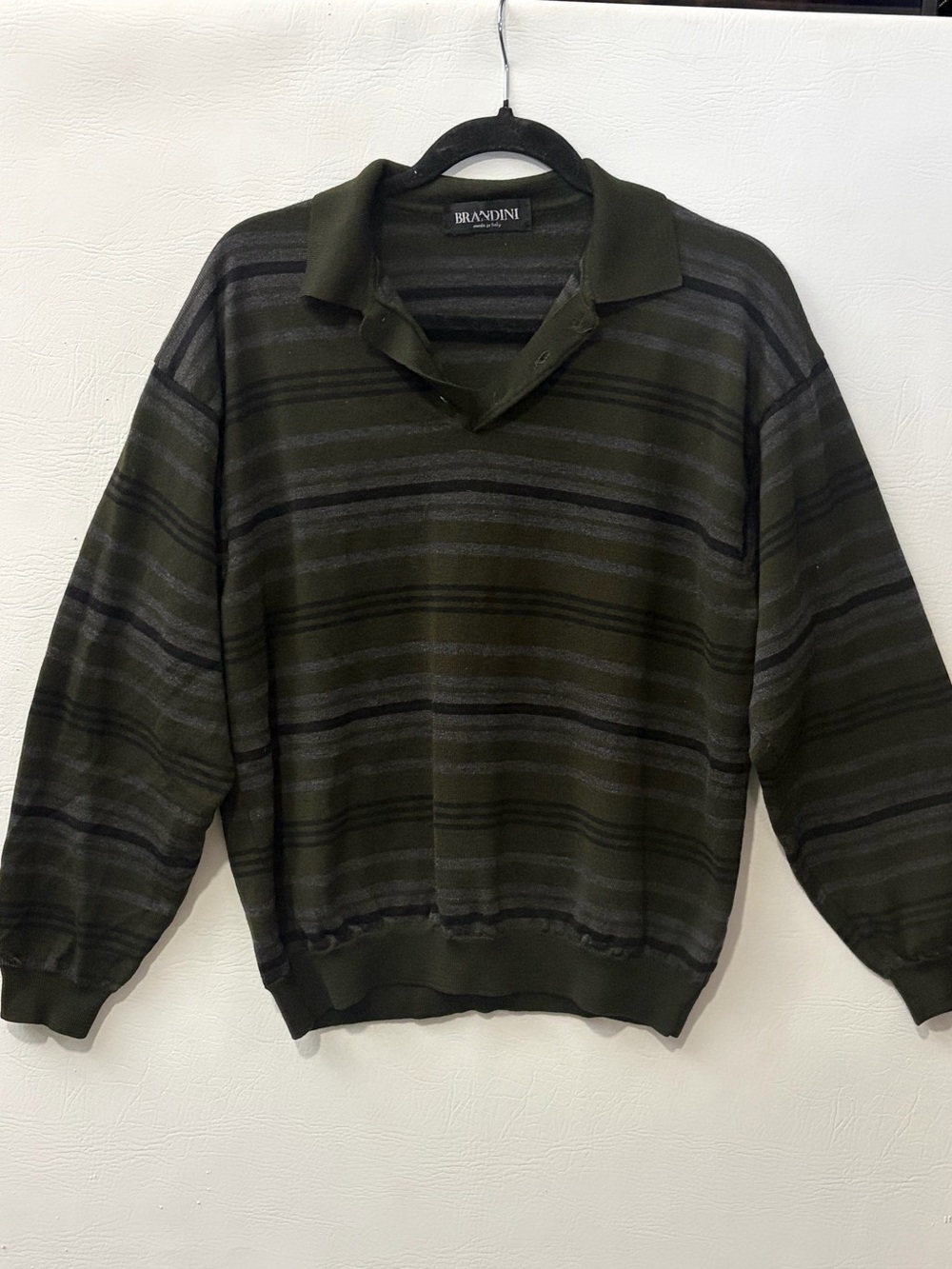 Brandini Italy Men's Olive Green Striped V-Neck Polo Sweater
